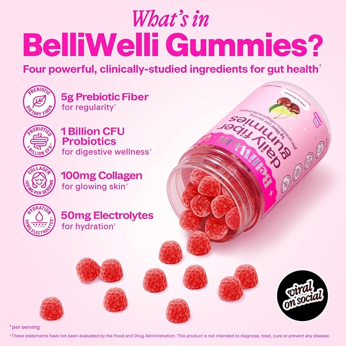 Belli Welli Fiber 4-in-1 Fiber Gummies Supplement with Added Probiotics Collagen and Electrolytes for Regularity and Bloat Relief 120 Count (Cherry Limeade)