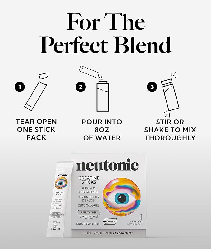 Neutonic Creatine Monohydrate | Unflavored | Premium Micronized Creapure Creatine Powder | Supports Strength and Power | Zero Calories Zero Sugar Vegan | Convenient Single-Serve Packets | 30 Sticks