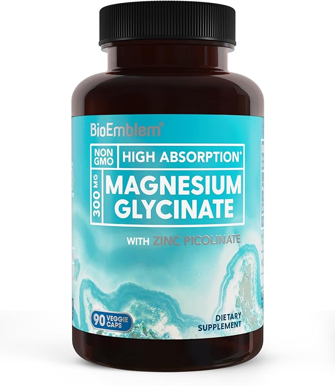BioEmblem Magnesium Glycinate with Zinc - 300mg Chelated Magnesium Supplement - High Absorption Vegan Non-GMO 2-in-1 Complex - Immune Support Muscles Nerves - 90 Capsules