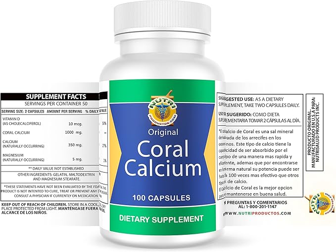 Calcio de Coral Set de 2 frascos con 100 capsulas CADA uno. Reforzado con Vitamina D y Magnesio.Combate: Cansancio Dolor de huesos insomnio Calambres Artritis. 100% Natural.