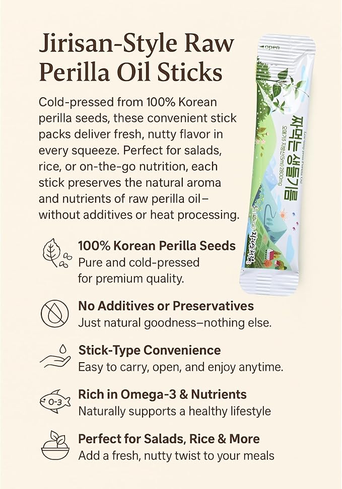Premium Korean Perilla Seed Oil Sticks - 100% Raw Cold-Pressed Perilla Oil - Plant-Based Vegan Omega-3 - Convenient Single-Serve Packs for On-The-Go - Traditional Korean Ingredient - 5ml x 30 Sticks