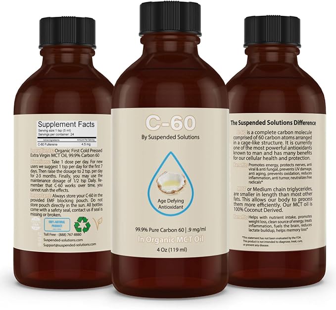 Carbon 60 C60 in MCT Oil – 4oz Glass Bottle 108mg Pure C60 99.9% Solvent Free Organic Extra Virgin MCT Antioxidant Supplement