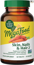 MegaFood Skin Nails &amp Hair 2 - Vitamins for Women &amp Men - Biotin Vitamin A C Zinc B6 E Pantothenic Acid - Vegan - Made Without 9 Food Allergens - 60 Tabs (30 Servings)
