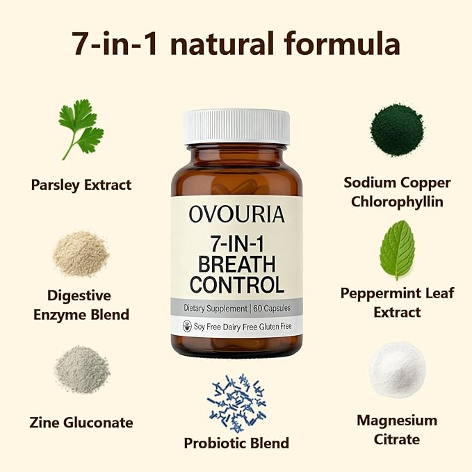 Ovouria Breath and Gut Balance - 7-in-1 Breath Control Targets Bad Breath at The Gut Root Natural Ingredients with Probiotics Vegan Gluten-Free 60 Capsules(1pc)