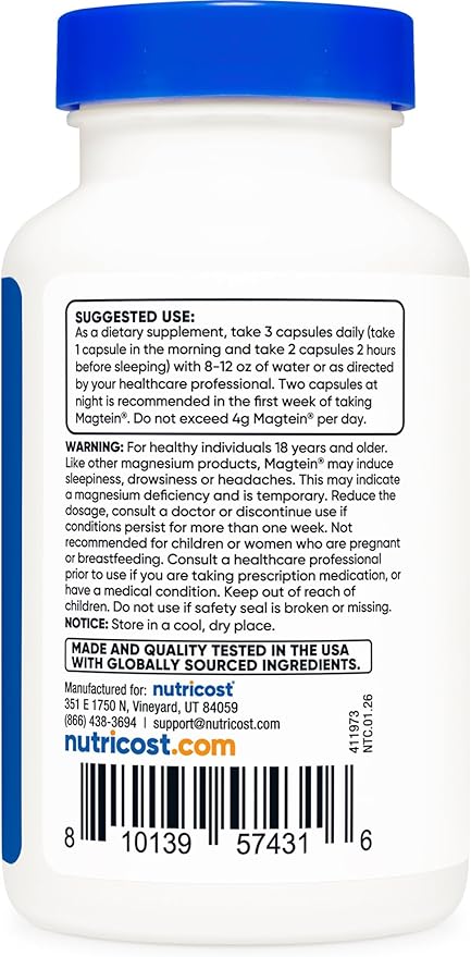 Nutricost Magtein Magnesium L-Threonate 2000mg 90 Capsules - Gluten Free Vegetarian 30 Servings