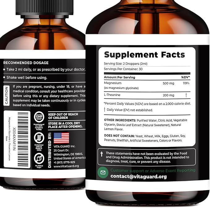 Vita Guard Magnesium Glycinate Liquid Drops 500mg – Liquid Magnesium Supplement with L-Theanine 200mg – Sleep Calm Stress Relief Muscle &amp Nerve Health – Gluten Free No Sugar Vegan 2 Fl Oz