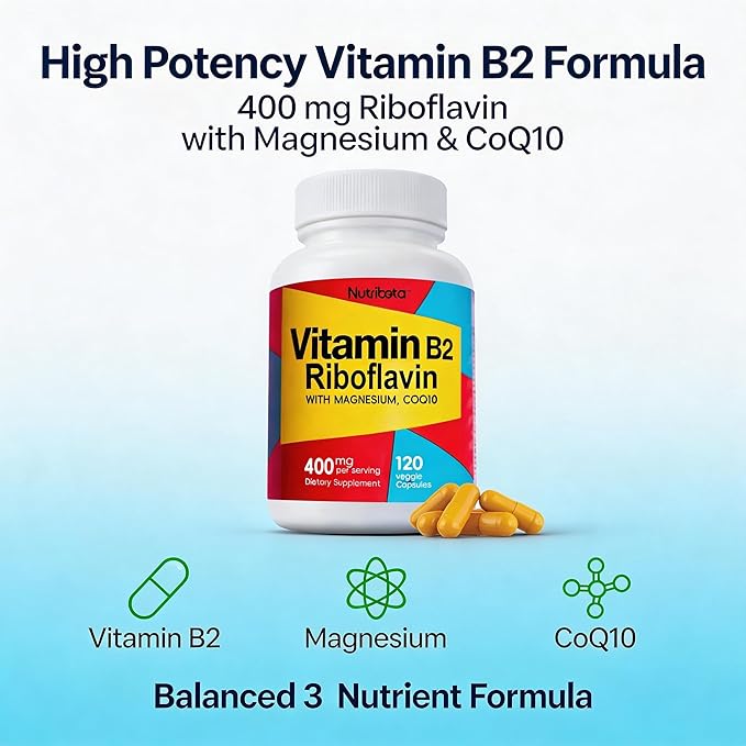 Vitamin B2 Riboflavin 400mg with Magnesium &amp CoQ10 High Potency Vitamin B2 Supplement for Energy Metabolism &amp Daily Wellness 120 Veggie Capsules 60 Day Supply