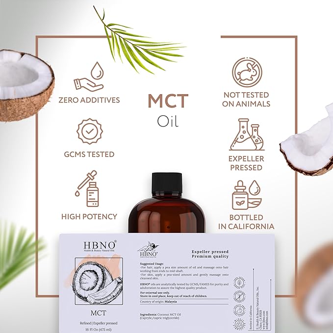 HBNO Organic MCT Oil 16 oz (475ml) Value Size - Ideal for Salad dressings Lip balms Face wash Lotions Skincare and hair care products.