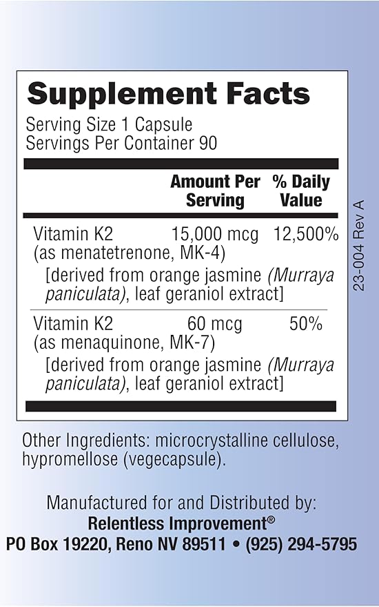 Natural Vitamin K2 MK4 Plus Vitamin K2 MK7 High-Potency 15000mcg MK-4 + 60mcg MK-7 Supports Bone and Arterial Health Vegi-Capsules Soy-Free