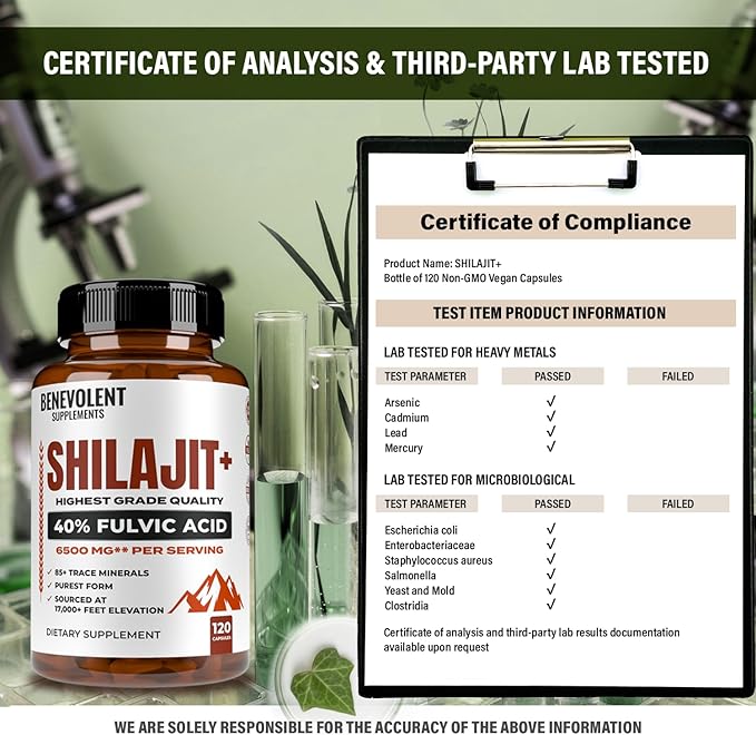 6500mg Shilajit for Men with 40% Fulvic Acid (High Absorption) | Shilajit Mineral Supplement with 85+ Trace Minerals for Energy Performance &amp Immune Health - 120 Capsules