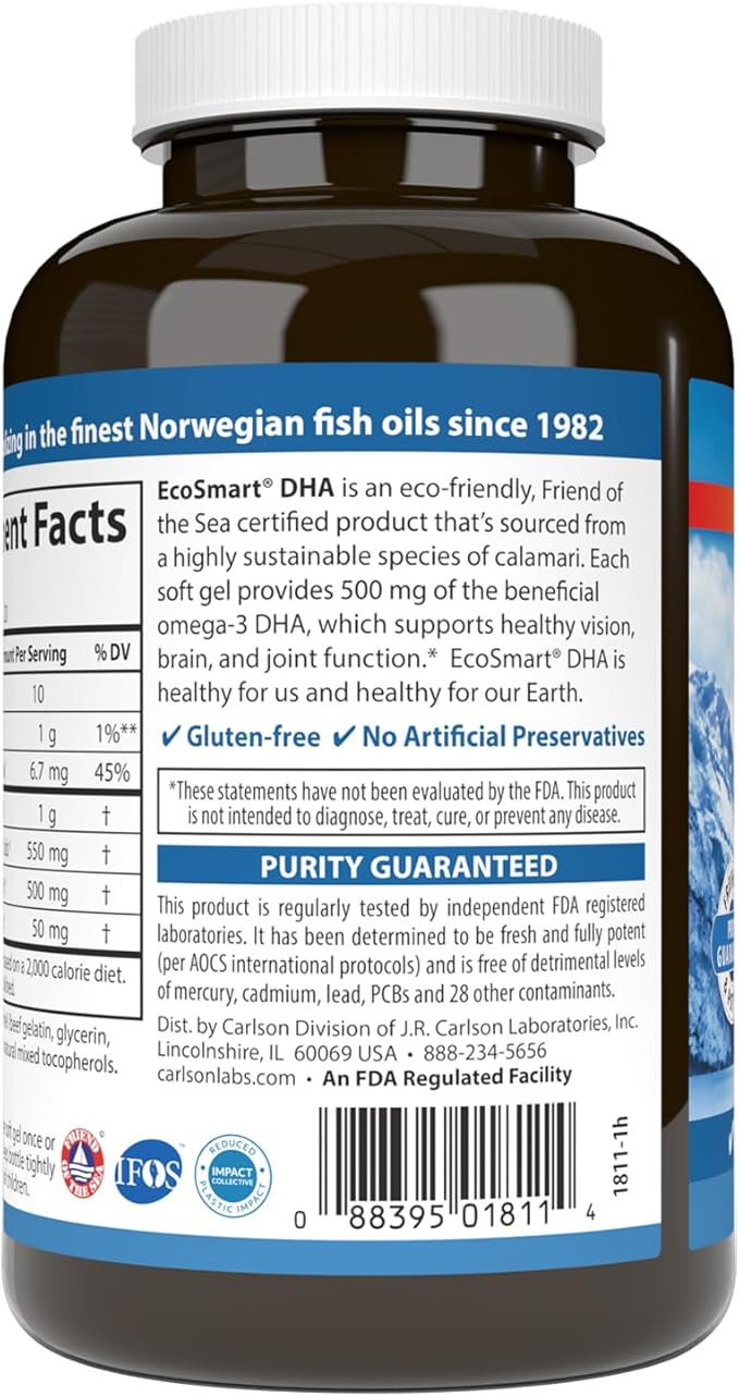 Carlson - EcoSmart DHA 500 mg DHA Sustainable Source Healthy Vision &amp Brain Function Lemon 120 Softgels