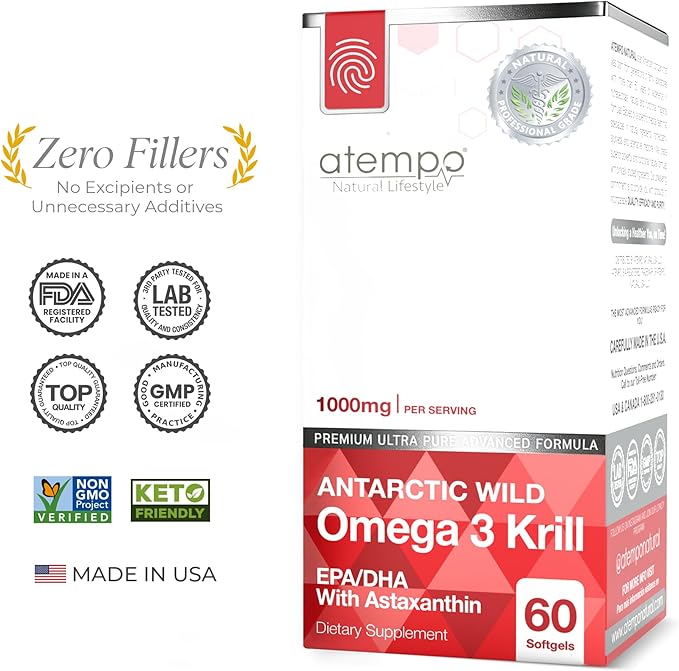 Antarctic Krill Oil 1000mg Rich in Omega 3 Healthy Fatty Acid Extra Strength EPA &amp DHA with Natural Astaxanthin Heart &amp Brain Health Superior Absorption 60 Small softgels. No Aftertaste or R