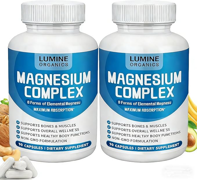 2PCSLumine Organics Magnesium Complex Magnesium Complex for Women Supplement 1000mg - Advanced 8-in-1 Magnesium Blend - GlycinateCitrateMalateTaurate90 Capsules (2)