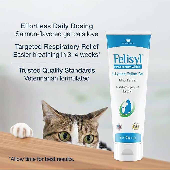Felisyl L-Lysine Gel for Cats &amp Kittens (5oz) – Immune System Respiratory &amp Eye Health Support. Reduces Sneezing Runny Nose &amp Watery Eyes. Daily Salmon-Flavor Supplement – Made in USA (2