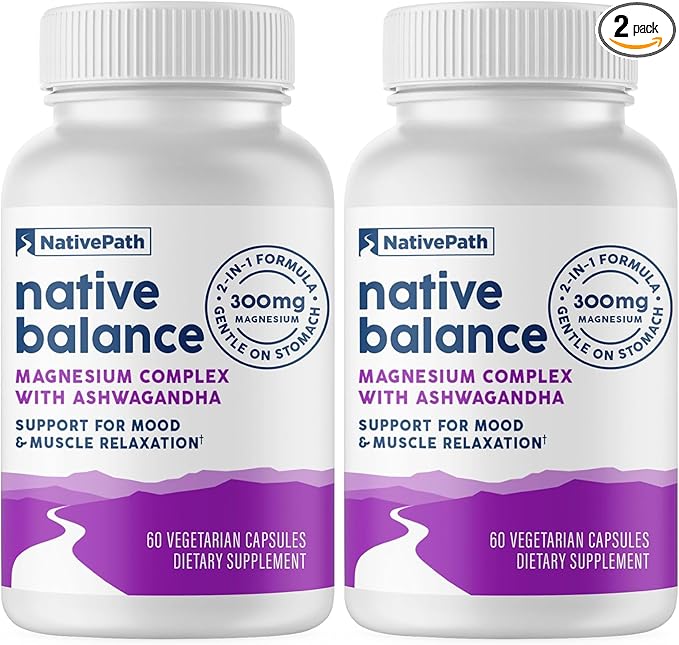 NativePath Native Balance Magnesium Supplement with Ashwagandha - High Absorption Aquamin Ocean-Sourced Formula - 60 Capsules (Pack of 2)