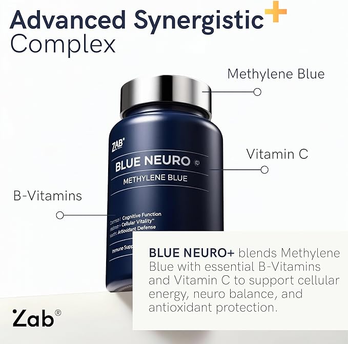 ZAB Methylene Blue Capsules Brain Supplement for Humans with Vitamin C &amp B Complex Blue Methylene 10 mg per Capsules Memory Clarity &amp Cognitive Support USP Grade Supplement