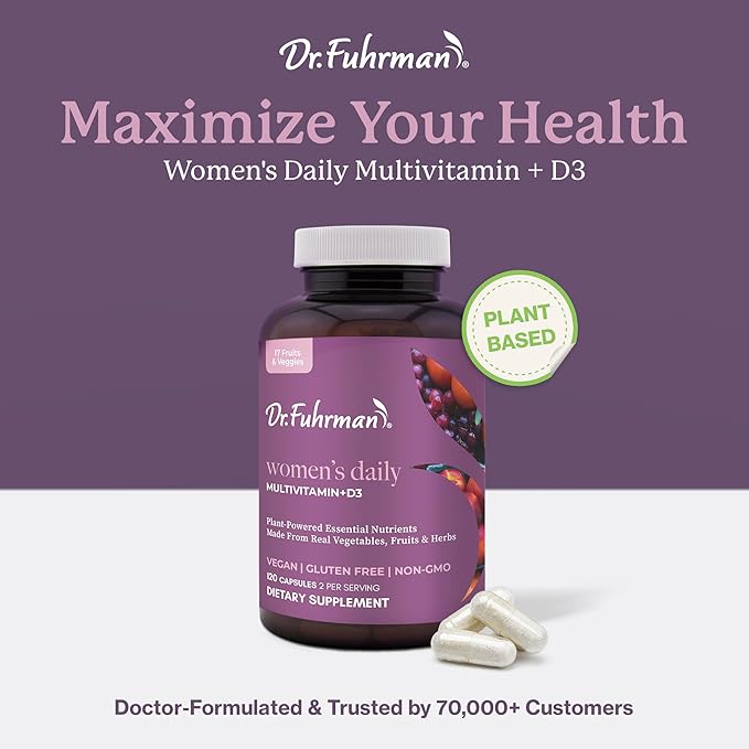Dr. Fuhrman 2 Month Supply Multivitamin for Women + D3 Vitamin for Immune Support | Vegan Formula Womens Multivitamin with B12 &amp Zinc | Whole Food multivitamin with 17 Fruits &amp Veggies | Non G