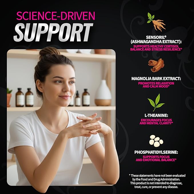 Cortisol Support for Women - Stress &amp Mood Balance Supplement with Sensoril® Ashwagandha Magnolia Bark L-Theanine &amp Phosphatidylserine - Supports Calm Focus &amp Sleep Quality (60 Vegan Ca