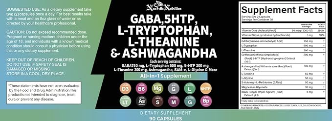 GABA Pills with 5-HTP Extract L-Tryptophan L-Theanine Ashwagandha Vitamins D3 B6 Magnesium L-Tyrosine L-Glycine Sam-e &amp Black Pepper Mood Support Supplement