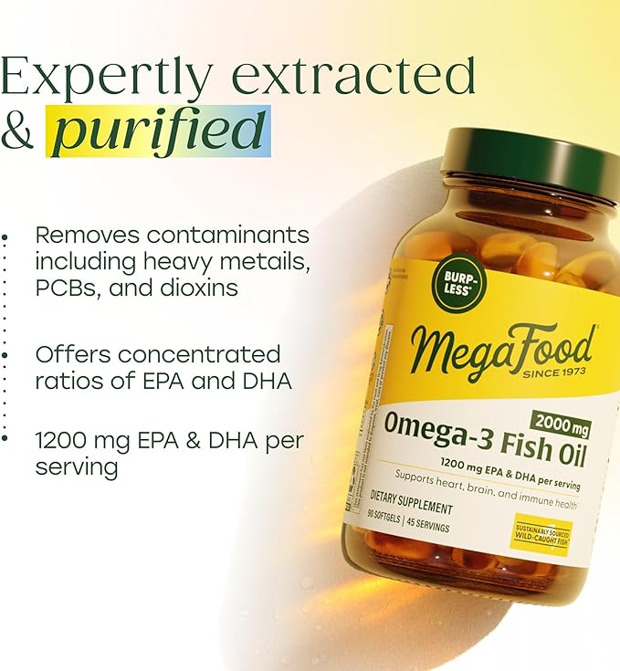 MegaFood 2000mg Fish Oil Omega 3 Supplements - Burp-Less &amp Lemon Oil Infused - Heart Brain Eye Joint &amp Immune Support Supplement - 1200mg EPA &amp DHA Per Serving - 90 Softgels 45 Serving