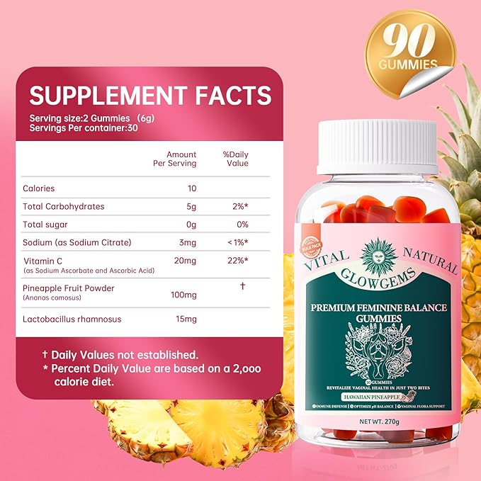 Premium Feminine Balance Gummies for Women - pH Balance &amp Wellness Support with Hawaiian Pineapple Vegan Gluten-Free Supplement Vaginal Probiotic 90 Count