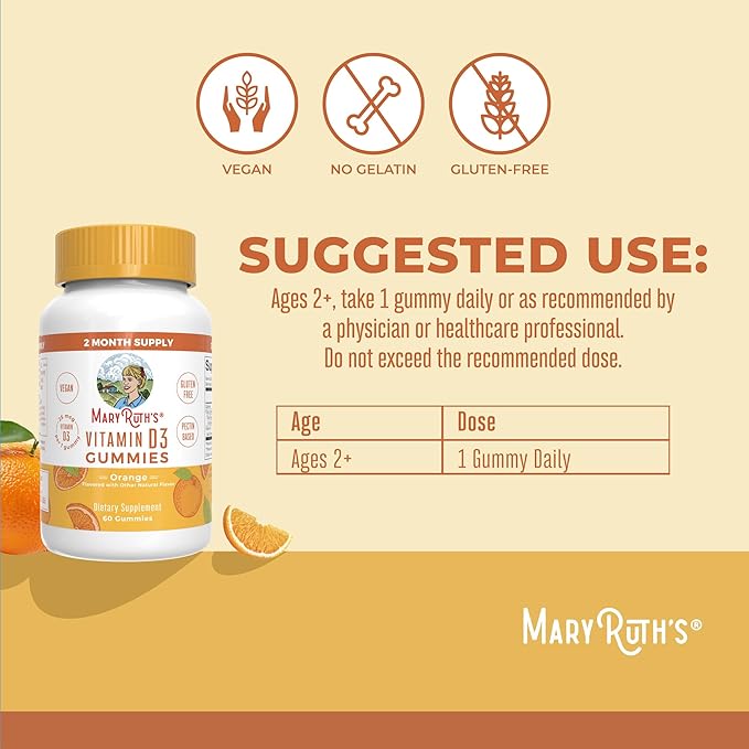 MARYRUTH'S Vitamin D3 Gummies | 2 Month Supply | Adults &amp Kids Vitamin D Gummy | Immune Support Supplement | VIT D3 1000IU for Bone Health&ampMuscle Function | Vegan | Non-GMO | Gluten Free | 60