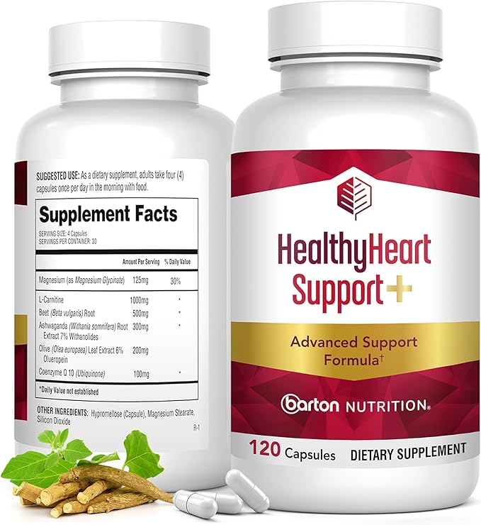 HealthyHeart Support+ 6-in-1 Heart Health Supplements with Ashwagandha CoQ10 Beet Root Olive Leaf Magnesium &amp L-Carnitine Made in USA Doctor-Formulated –120 Capsules 1 Month Supply