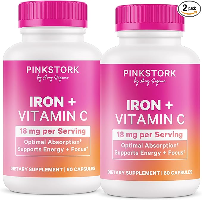 Pink Stork Prenatal Iron Supplement for Women - 18 mg Non-Constipating Iron &amp Vitamin C for Pregnancy Postpartum &amp Breastfeeding - Focus Fatigue &amp Blood Cell Production - 4 Month Suppl