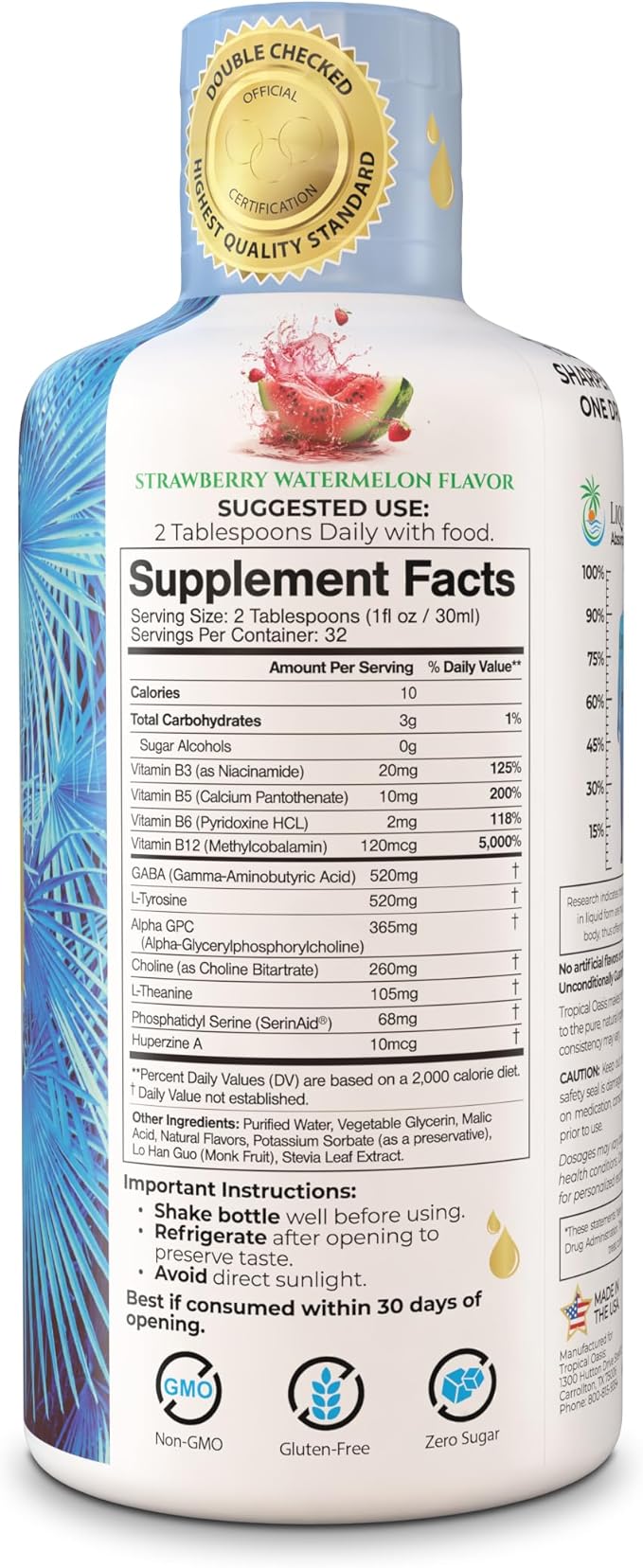 Tropical Oasis - Brain Power | Liquid Nootropic Supplement - Promotes Mental Clarity Focus and Memory Retention (Unflavored 32 Servings)