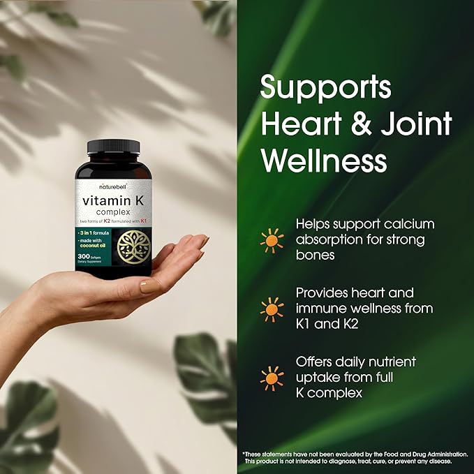 NatureBell Vitamin K Complex - 300 Softgels - Delivers 2600mcg Vitamin K - Full Spectrum Bone &amp Heart Health Support Supplement - High Absorption K1 &amp K2 MK-4 &amp MK-7*