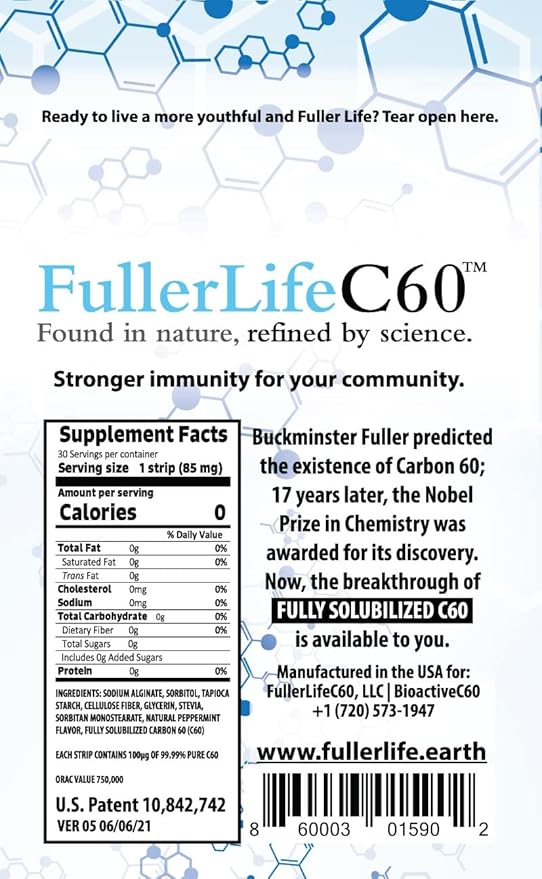 Carbon 60 Antioxidant Dissolvable Strips | Immunity Booster | Pure 99.99% C60 Solvent Free | Not C60 in Olive Oil | Fully Dissolved &amp Dispersed Solubilized C60