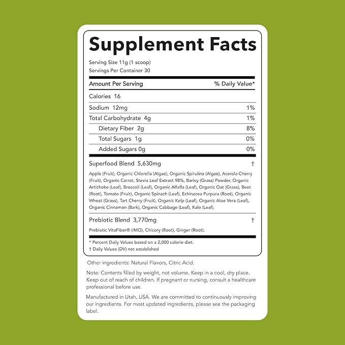 Clean Simple Eats Super Greens Powder Naturally Flavored Greens Powder with Chlorella Spirulina Superfoods &amp Prebiotic Fiber No Artificial Ingredients Gluten Free Green Apple Flavor 30 Serv