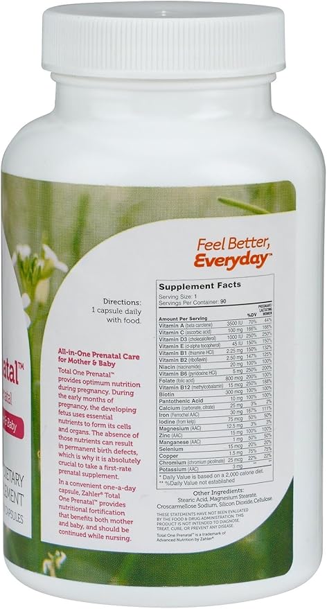 Zahler - Total One Prenatal Vitamins for Women (90 Count) Daily Multi Vitamin Prenatals with Folic Acid Iron Zinc &amp 19 Other Essential Vitamins &amp Minerals - Kosher Pre Natal Multivitamin Cap