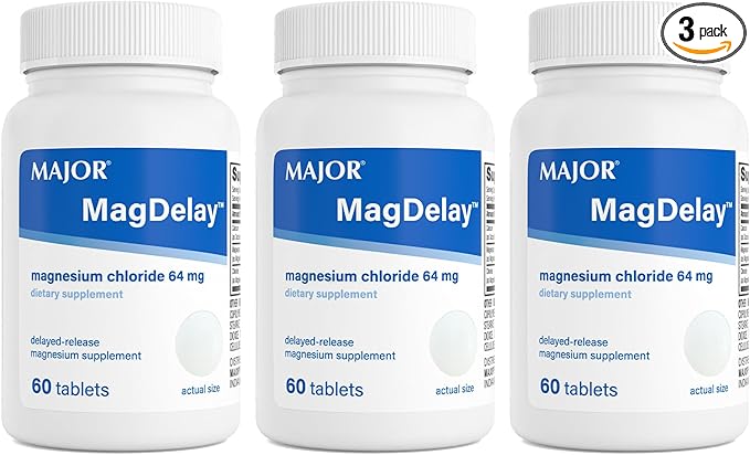 MAJOR MagDelay Magnesium Chloride 64 mg - Delayed-Release Magnesium Supplement - Dietary Supplement - 60 Tablets (3 Pack)