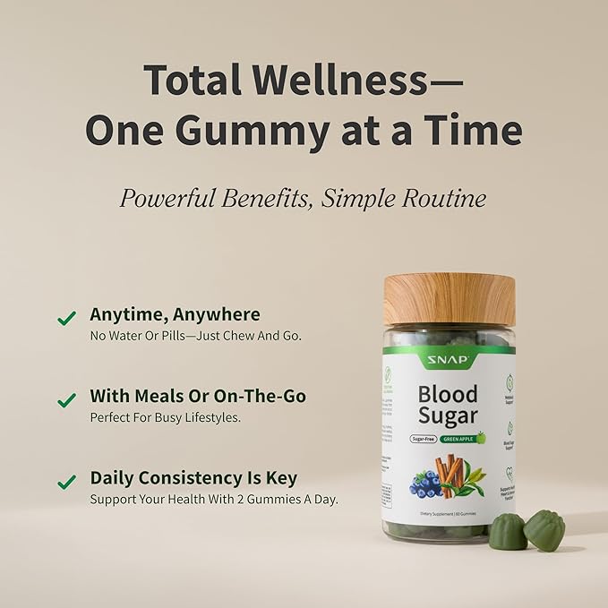 Snap Supplements Blood Sugar Gummies Support Already Healthy Blood Sugar Levels Cinnamon Bark and Blueberry Fruit Extract Green Apple Flavor 60 Gummies