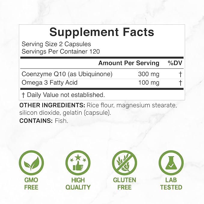 DEAL SUPPLEMENT CoQ10 300mg with Omega 3 100mg 240 Capsules | Bioavailable Coenzyme Q10 Formula | Supports Heart Energy &amp Brain Health | Antioxidant Support | Non-GMO