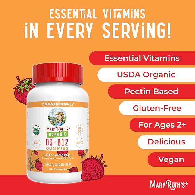 MaryRuth Organics's Vitamin D3 B12 Gummies | USDA Organic | 2 Month Supply | Vitamin D &amp B12 Vitamin Supplements for Adults &amp Kids | Bone Health | Healthy Energy Levels | Non-GMO | 60 Servings