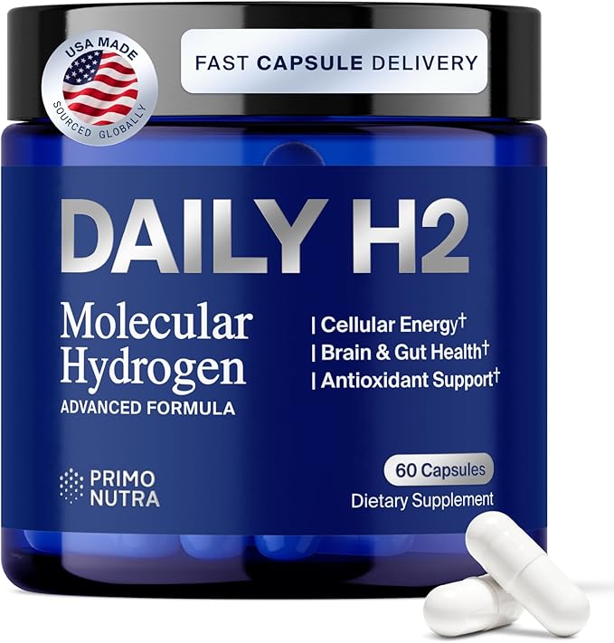 Hydrogen Water Tablets Alternative | DailyH2 Molecular Hydrogen Capsules | 3mg H2 for Cellular Energy Focus &amp Recovery | Brain Gut &amp Mitochondrial Support | 60 Caps