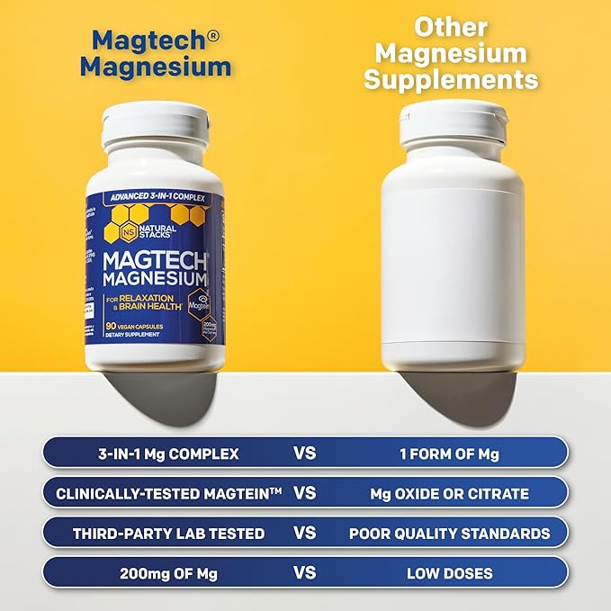 MagTech Magnesium Complex for Women &amp Men - 3 Forms of Magnesium: Glycinate Magtein L-Threonate &amp Taurate - 200mg Chelated Complex - Support for Relaxation &amp Brain Health - 90 Glycinate C