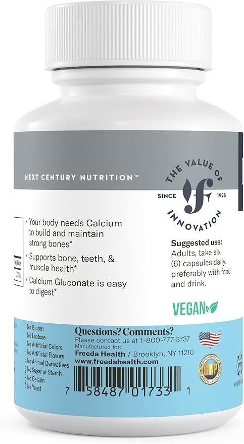 Freeda Calcium Gluconate – Kosher Vegan Calcium Supplement – Easy to Digest &amp Absorb – Supports Bone Strength – Pure Calcium Without Vitamin D – (500 Capsules)
