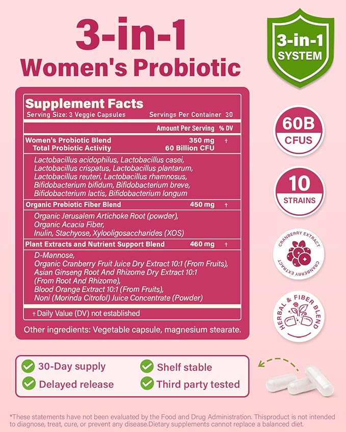 Probiotics and Prebiotics for Women pH Balance &amp Digestive Health - 60 Billion Vaginal Probiotic with Cranberry &amp D-Mannose for Gut Urinary Immune Health Vegan &amp Non-GMO | 270 Capsules