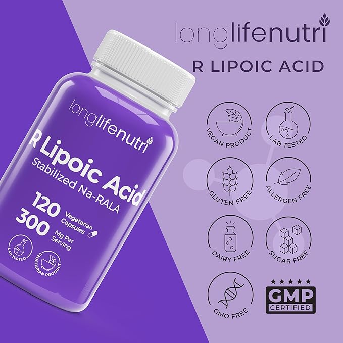 LongLifeNutri Stabilized R-Alpha Lipoic Acid 300mg – High Potency Na-RALA Supplement for Cellular Energy &amp Metabolic Function 120 Vegetarian Capsules 4-Month Supply GMP Certified Made in USA
