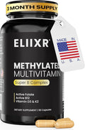 Eliixr Methylated Multivitamin 3 Month Supply 90 Capsules1500 mcg of Active Folate Methylated B12 Vitamin A C K2 D3 E Choline Biotin ALA CoQ10 B-Complex and More. Made in The USA