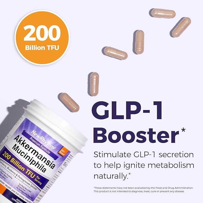 NewRhythm Akkermansia Muciniphila for Women &amp Men 200B TFU Naturally Increase GLP-1 Metabolism Booster Gut Lining Repair Cranberry Blueberry Pomegranate Extracts Vegan 60 Caps