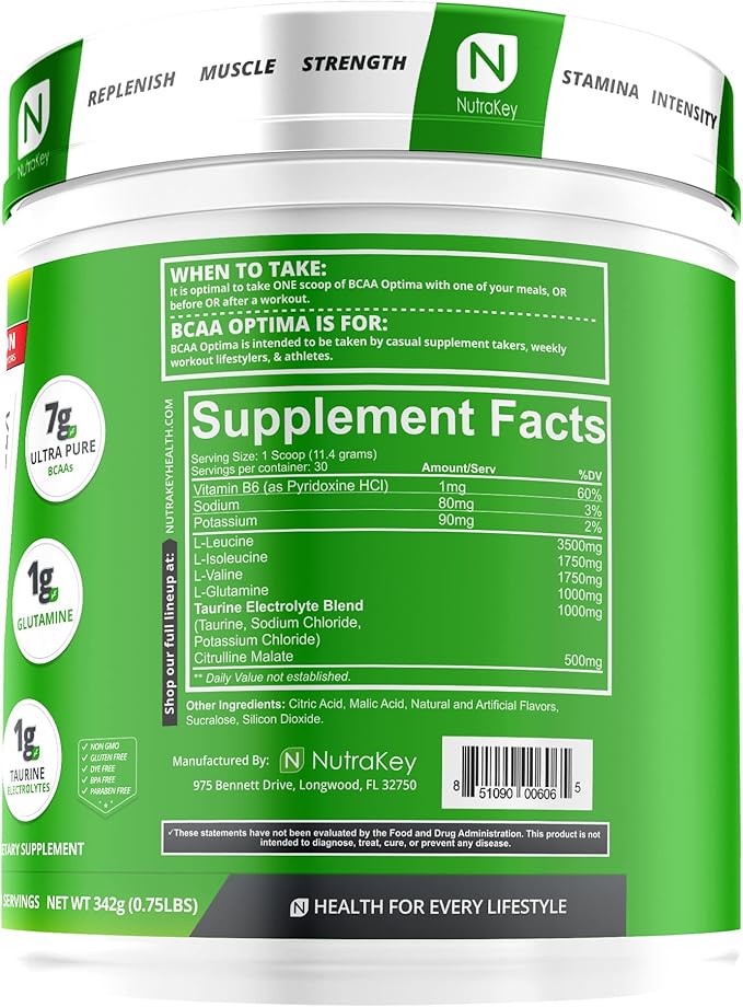 NutraKey BCAA Optima Post Workout Recovery Complex No Sugar No Carb Recovery Aid Strawberry Watermelon