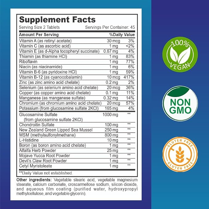 BoneVite+ Glucosamine Chondroitin MSM - Bone &amp Joint Wellness with Green Lipped Sea Mussel Devil's Claw &amp Boron - Knee Hip Back Wellness - Non-GMO Gluten Free - 90 Tablets