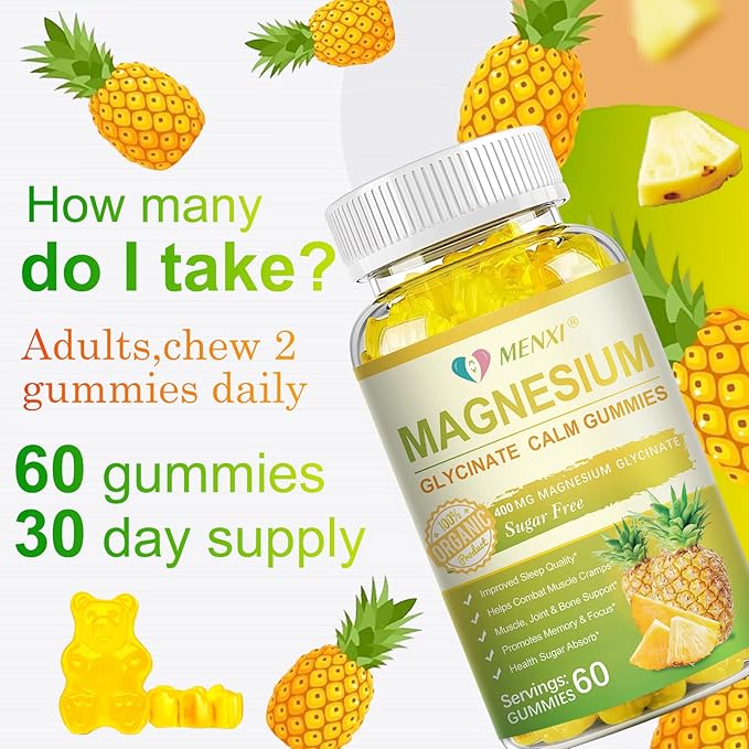 Magnesium Glycinate Gummies 400mg Sugar Free Magnesium TaurateMagnesium Malate Supplement with Vitamin D B6 CoQ10 for Relaxation Stress Relief Muscle Bone &amp Sleep Support-120 Pineapple Gumm