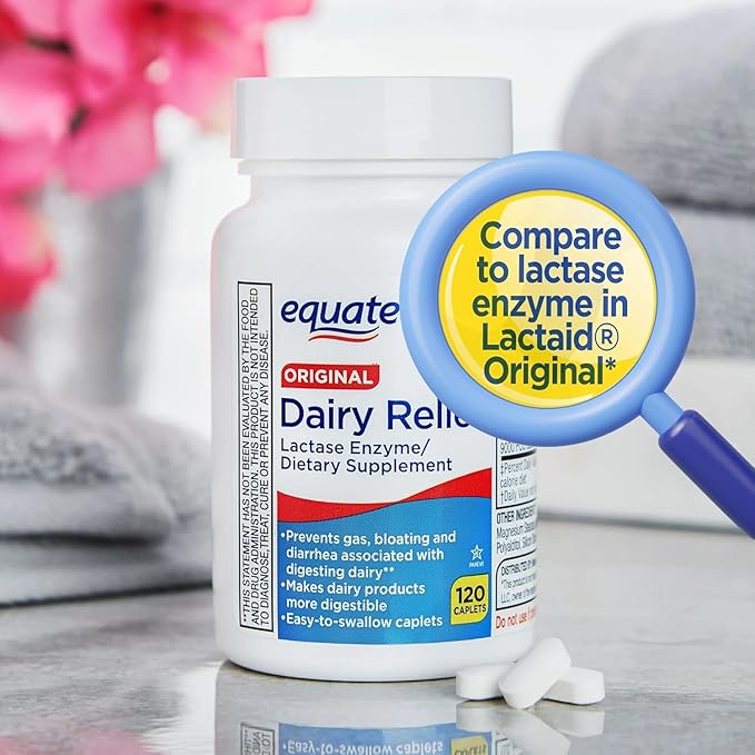 Dairy Relief Caplets Original Lactase Enzyme 120 Pills by Equate (Pack of 1) + Sticker