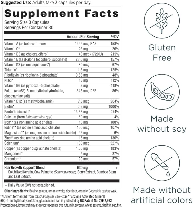 Ancient Nutrition Hair Growth Multivitamin – Supports Thicker Hair Less Shedding Smoother Skin &amp Stronger Nails – with Solubilized Keratin Powered by Peptides 22 Vitamins &amp Minerals – 30 S
