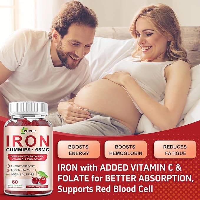 Iron Supplement for Women Men &amp Kids Iron 65mg &amp Vitamin C 250mg per Serving with B6 B12 Folate- Energy Support for Iron Deficiency Anemia Vegan Gummy Cherry Flavor 60 Count